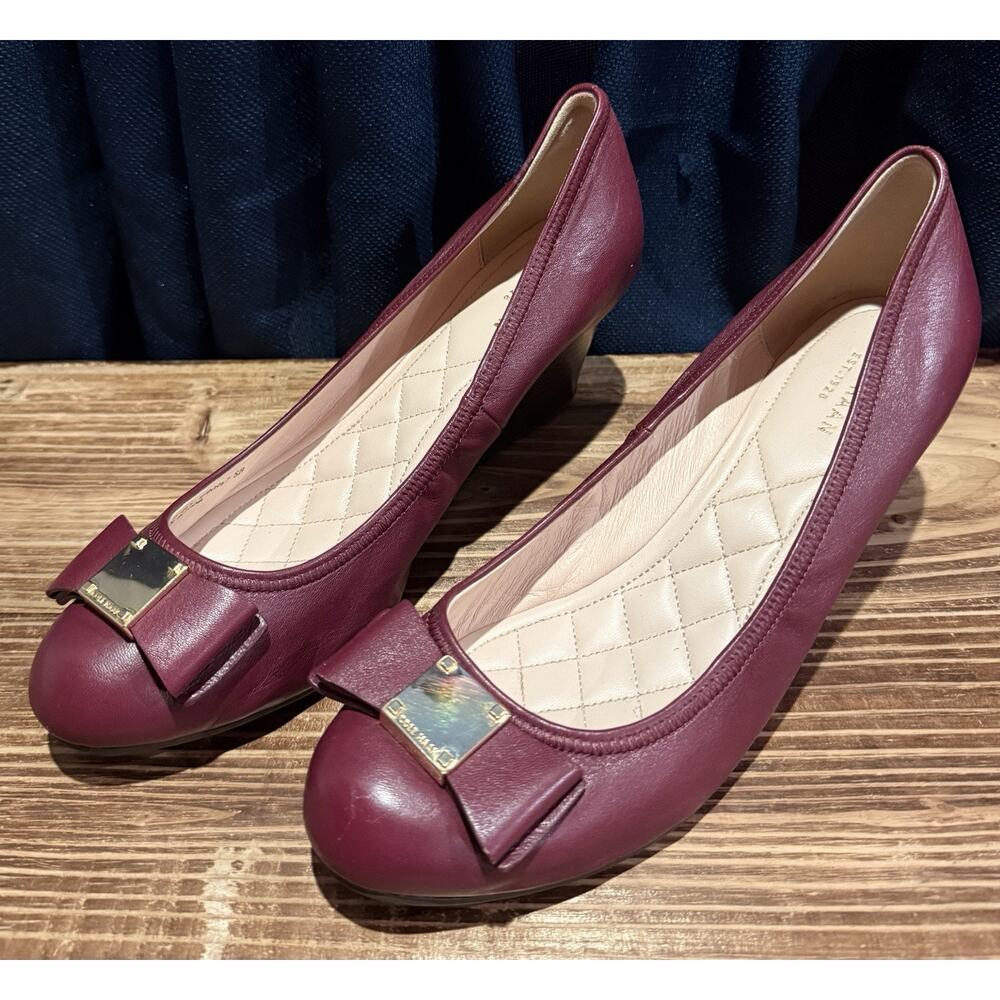 Cole Haan Burgundy Leather Bow Wedge Shoes Size 8 Maroon Merlot Pumps